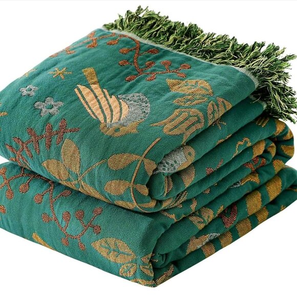 Boho Cotton Throw Blanket Queen Full Green Multicolor Bird Floral 79x91 NIP - Picture 1 of 5